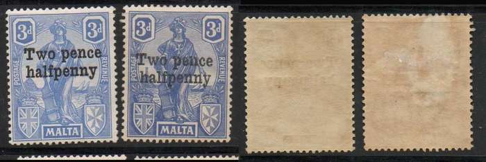 Malta, 1925, TWO PENCE HALFPENNY opt on 3d, both shades MH *