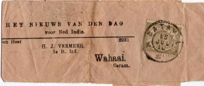 Netherlands Indies, newspaper wrapper, 1c stamp BATAVIA 15 JUL 10 cds > Wahaai, Ceram (island)