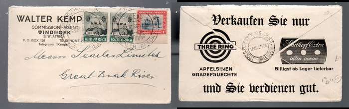 South West Africa 2d cover SWAKOPMUND HEALTH RESORT 23.III.36 cds > GREAT BRAK RIVER 28 MAR 1936