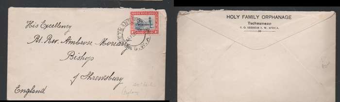 South West Africa, HOLY FAMILY ORPHENAGE Tschaunaup 1d KETMANSHOOP 15 FEB 33 cds > England