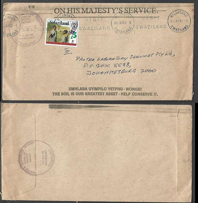 Swaziland OHMS WATER & SEWRAGE BOARD long cover, 5c MHLANGANO 30 XII 82 c.d.s > Johannesburg