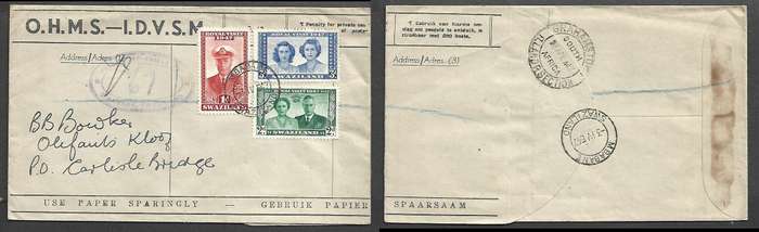 Swaziland GVIR Royal Visit, registered MBABANE 3 IV 47 c.d.s. > GRAHAMSTOWN R.LAND P.SECTION arrival