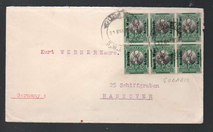 South West Africa, (6 X 1/2d) 3d, GOBABIS  17 MAY 32 c.d.s. > Hannover Germany