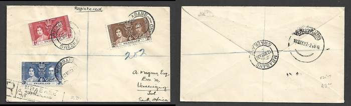 Swaziland, GVIR Coronation, First Day, registered, MBABANE 12 MAY 37c.d.s. > VEREENIGING