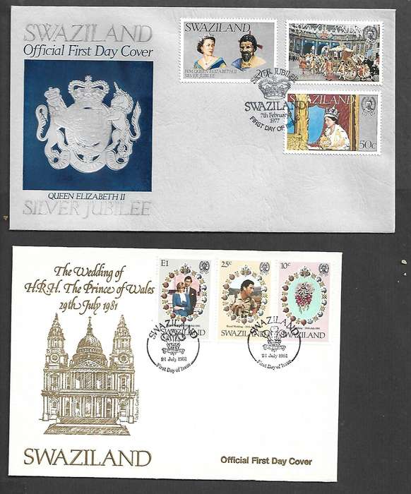 Swaziland 2 x FDC,  1977 EIIR Silver Jubilee, 1981 Royal Wedding, Charles & Diana