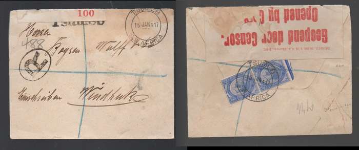 South West Africa 5d (2 x 2 1/2d), registered  TSUMEB 15 JAN 17 cds. > Windhoek, censor 100 label