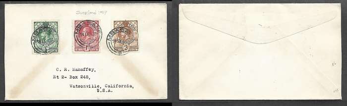 Swaziland GVR 1/2d, 1d, 2d cover MBABANE 18 IX 39 cds > USA