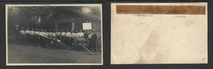 Photo postcard. Royal Navy, artillery group, before J. FORREST &Co barn (poss in Lanark, Scotland)
