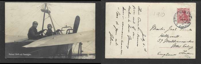 Germany, Helman Hirth & passenger in mono plane, 10pf, STUTGART c.d.s. > London
