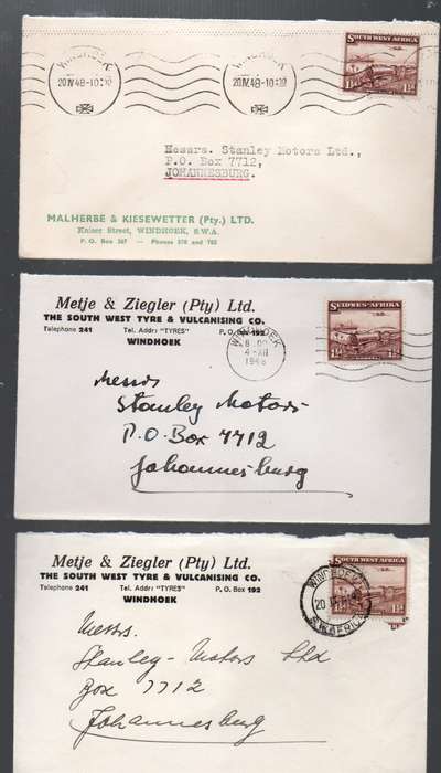 South West Africa transport 1 1/2d, WINDHOEK 20 IV 48, 4 XII 1948, 20 II 49  cds >Johannesburg