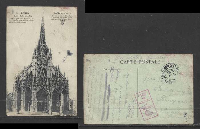 Rouen Eglise Saint-Maclou, On Active Service, FIELD POST OFFICE S 65 21 NO 18c.d.s, CENSOR 2910 > UK