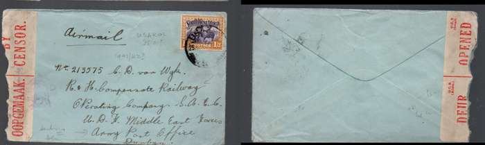 South West Africa 1'3 airmail USAKOS 25. 01?? cds > Army Post Office Durban, censor label