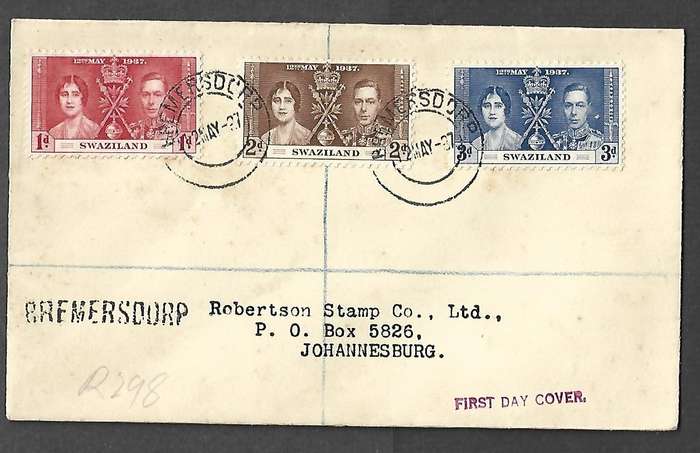 Swaziland, GVIR Coronation, First Day, BREMERSDORP 12 MAY 37 c.d.s. > Johannesburg