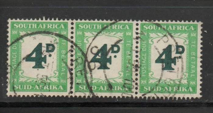 South Africa 1950, 4D postage due (SUID-AFRIKA), strip of three, used