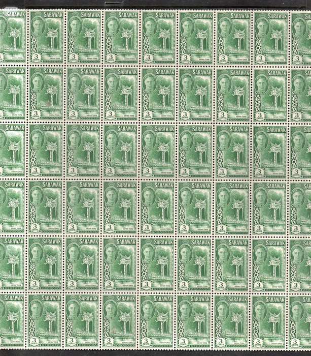 Sarawak, GVIR, 1950, 3c, part sheet of 60, MNH ** medium gum tone