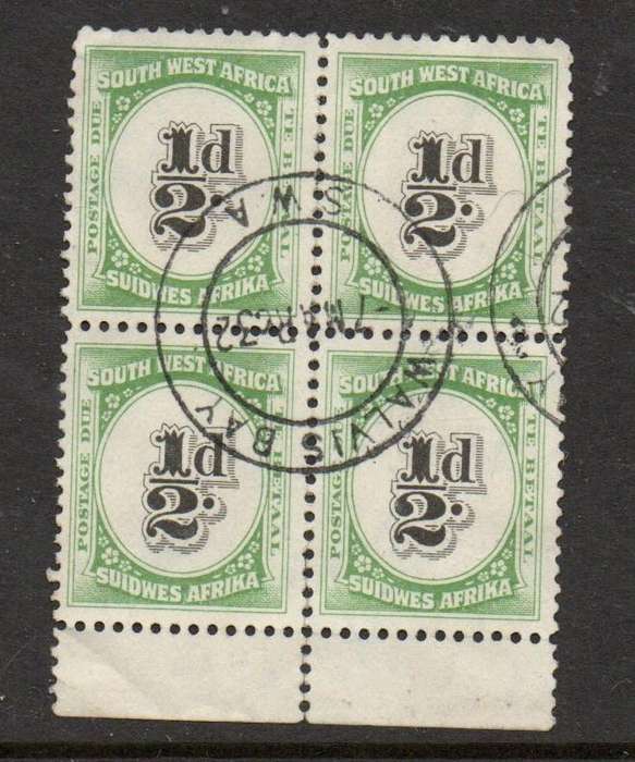 South West Africa, Postage Due, 1931, 1/2d, lower marginal block of 4, used