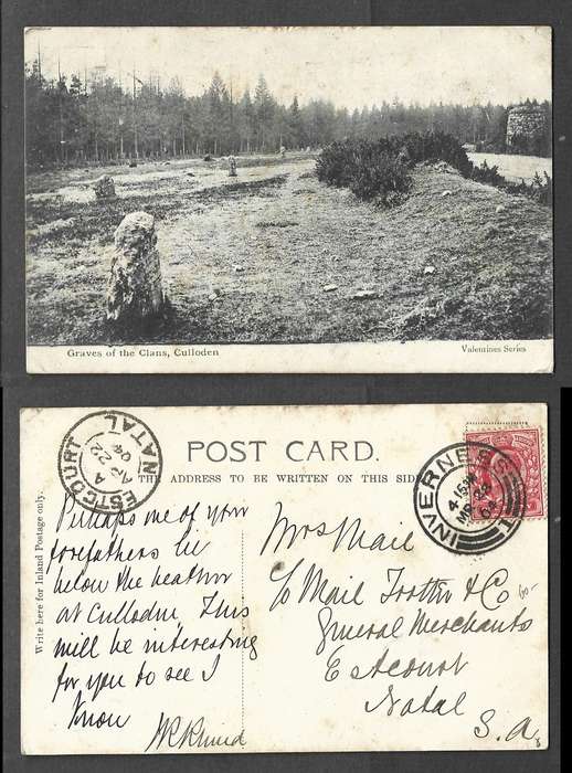 Scotland, post card Graves of the Clans Culloden used 1d, INVERNESS-1-MR 28 04 cds, > ESTCOURT NATAL