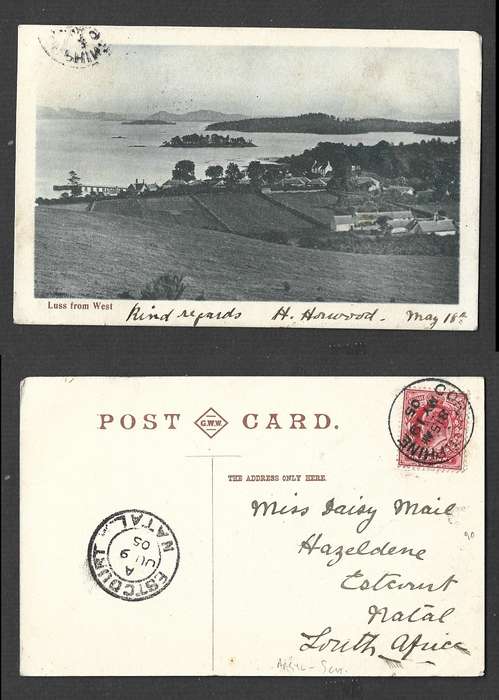Scotland postcard Luss from West, used 1d, CORSTORPHINE MY 19 05 cds> ESTCOURT NATAL