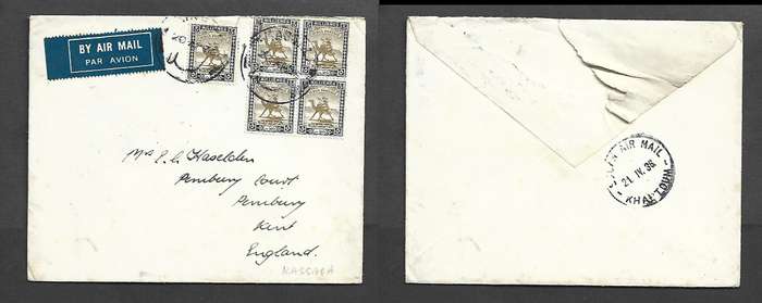 Sudan airmail, 25 Mills, KASSALA 20 AP 36 cds, SUDAN AIR MAIL KHARTOUM 21 IV 36 transit. > London