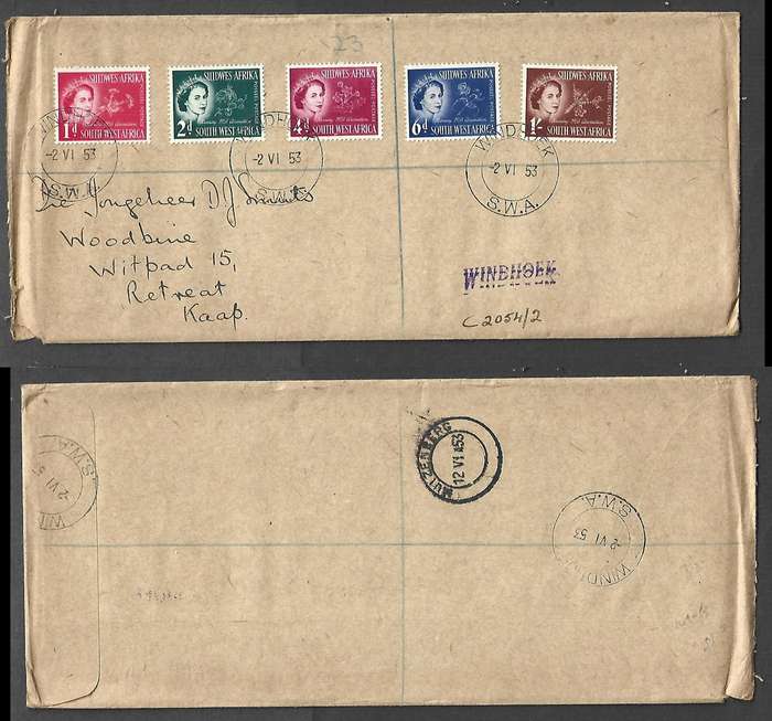 South West Africa, EIIR CORONATION WINDHOEK 2 VI 53 cds, 1st Day >ABENAB SWA, GROOTFONTEIN transit