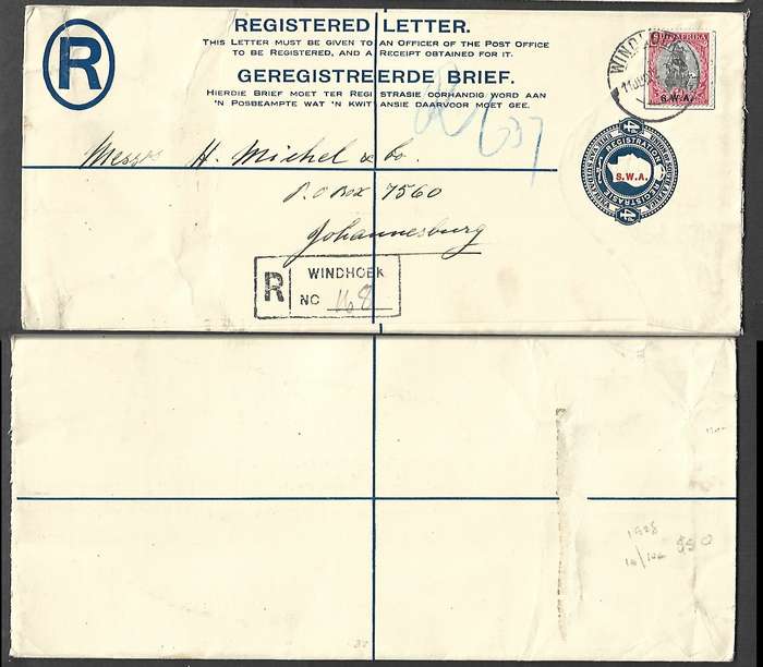South West Africa, GVR 4d Registered Envelope of S.A. opt SWA, WINDHOEK 11 JU ??? > Johannesburg