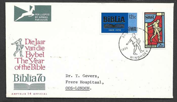 South West Africa, "Biblia 70" Year of the Bible  WINDHOEK 24 VIII 1970 special cds > E.London