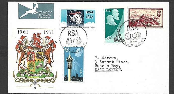 South West Africa FDC,10th Anniversary of Republic WINDHOEK31.V.71 special cds> E.London