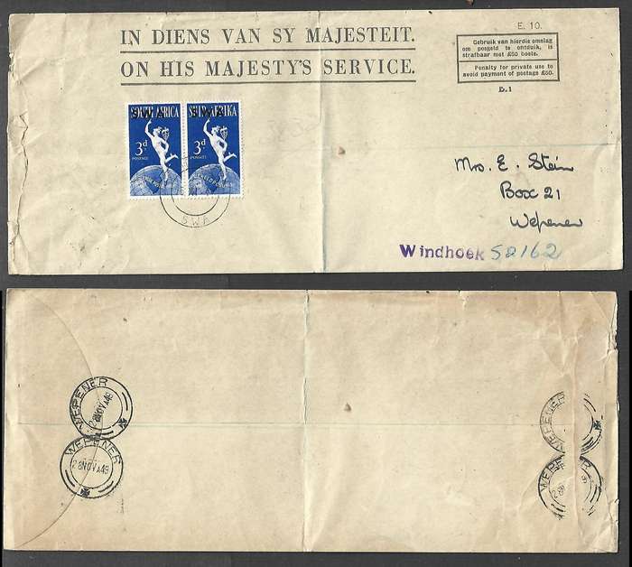 South West Africa O.H.M.S. 6d, registered WINDHOEK25 XI 49 cds > WEPENER 28 NOV 49