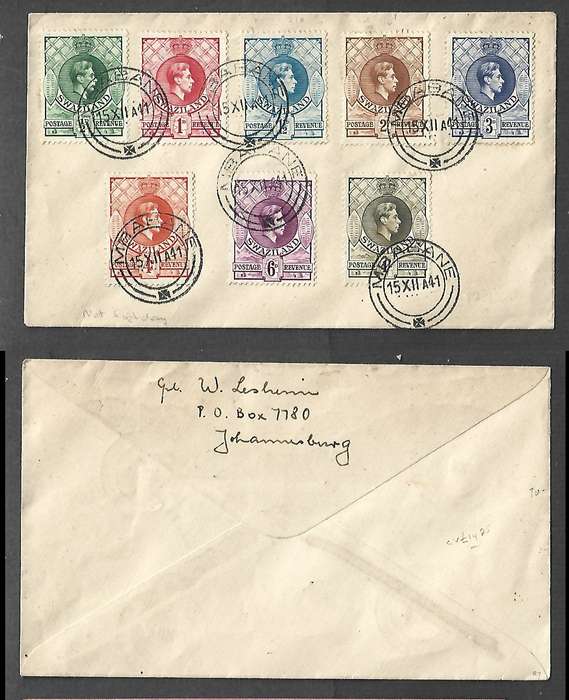 Swaziland GVIR, 8 values, 1/2d - 1/, unaddressed, MBABANE 15.XII.41 c.d.s. NOT 1st day