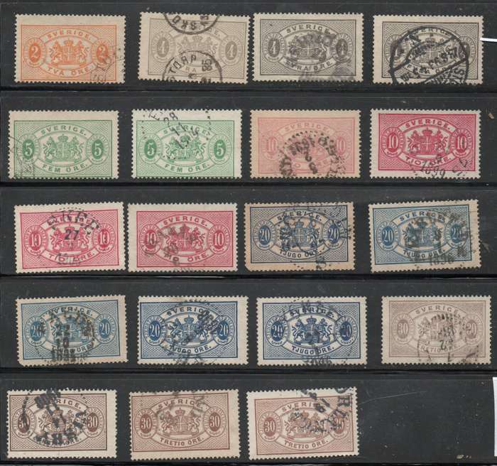 Sweden,  1874 - 1876, Official stamps x 19, 2 ore - 30 ore, Perf 13, nice shades, used