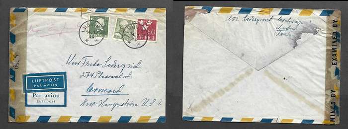 Sweden air mail 105ore, LUDVIKA 14.1.44 cds,> USA, Opened by Examiner 6156 label