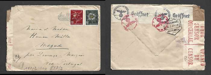 Switzerland 30c NEUCHATEL 8 XII 1943 > LAURENCO MARQUES 13.3.44, Germany & S.Africa censor labels