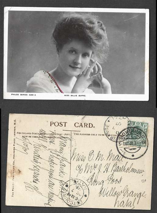 Miss Billie Burke, used 1/2d, BOKSBURG 5 OCT 07 cds> WILLOWGRANGE NATAL, ESTCOURT transit