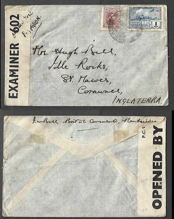 Uruguay, air mail, 1Peso20c, MONTEVIDEO 8 ABR 42 c.d.s.>England, via New York (ms) EXAMINER 602