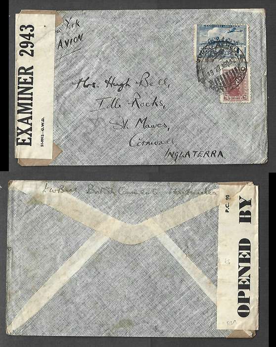 Uruguay, air mail, 1Peso20c, MONTEVIDEO 22 AGO 42 c.d.s.>England, via New York (ms) EXAMINER 2943