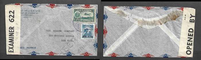 Venezuela air mail CARACAS > New York, EXAMINER 622 label with h/s 4 AUG 1941