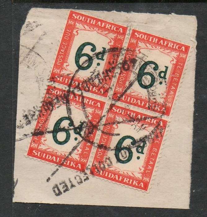 South Africa  1938, 6d postage due, (SUIDAFRIKA) block of 4 used on fragment