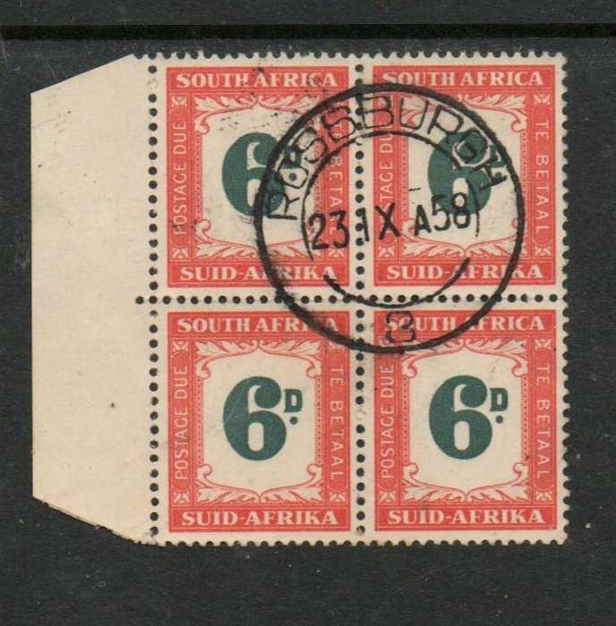 South Africa  1950, 6D postage due, (SUID- AFRIKA) block of 4, c.d.s. used