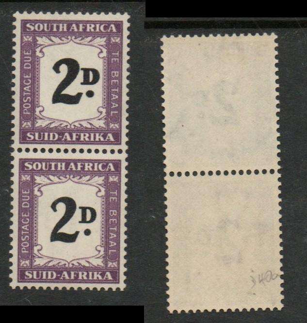 South Africa  1950, 2D postage due, (SUIDAFRIKA) vert pair, top THICK D variety MH *