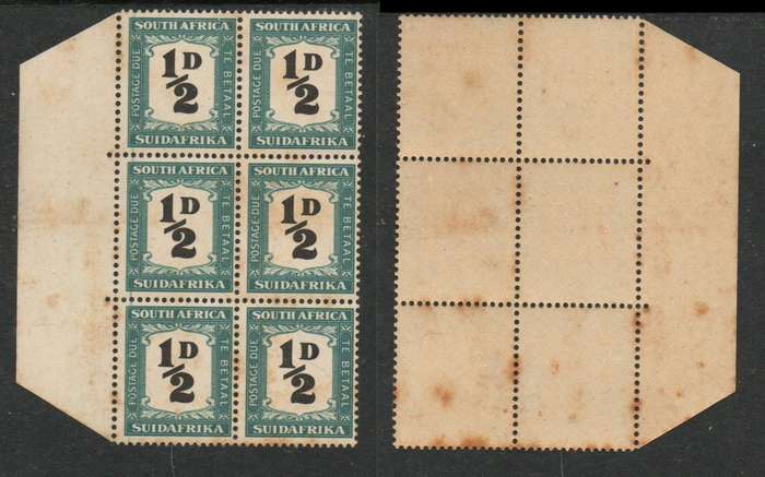 South Africa  1948, 1/2d postage due, block of 6, MNH **, heavily toned