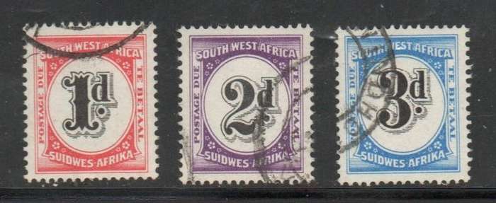South West Africa 1959, 1d, 2d 3d, postage due, p15 x 14, used