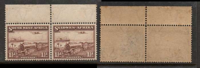 South West Africa. 1937 , 1 1/2d trains, pair, upper marginal MNH ** gum tone