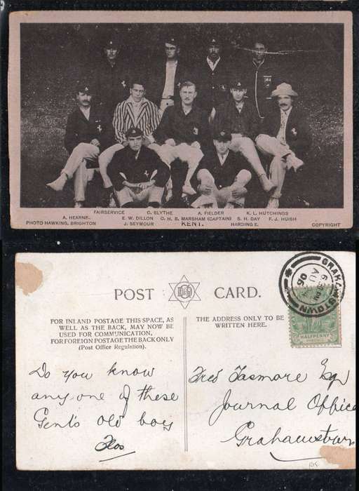 Cricket, postcard, Kent County team, used 1/2d. GRAHAMSTOWN AU 24 06 (Cape Colony)