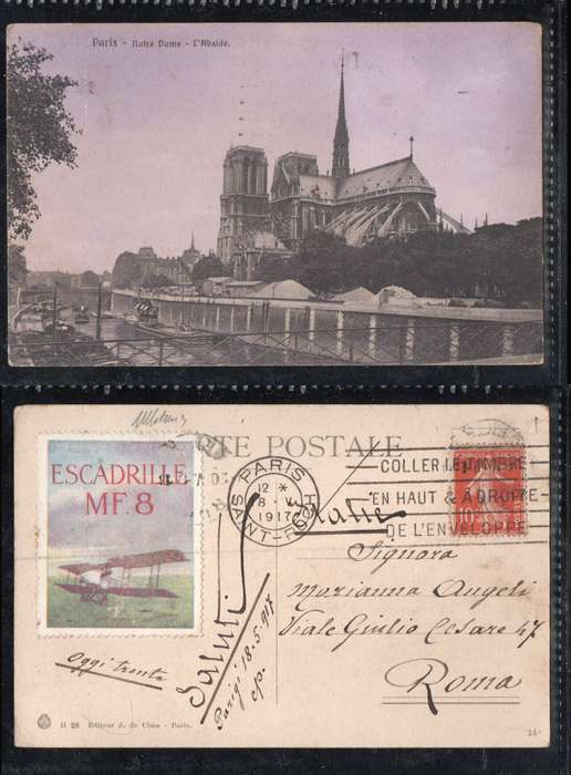 France, Notre Dame, Paris, 10c, PARIS SAINT-ROCHE 18 V 1917 > ROMA , Escadrille MF8 label