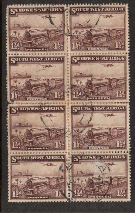 South West Africa. 1937, 1 1/2d mail train, block of 8, used,