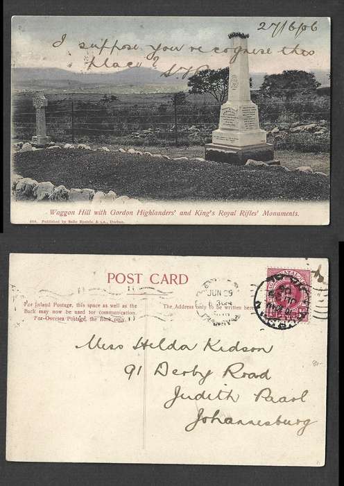 Natal Wagon Hill Gordon Highlander & Kings Royal Rifles used DURBAN JU 29 06 cds> JOHANNESBURG