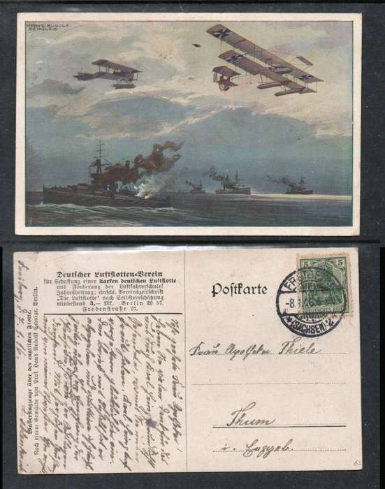 Germany, Hans Schulze, card, plane bombing ship, used 5pf FREIBERG 8.3.16cds > Thurn