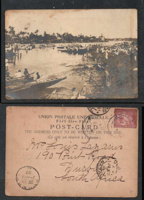 Fiji post card, 1d, SUVA 3 DE 02 cds, SYDNEY DE 12 02 transit cds, > DURBAN NATAL JA 23 03 arrival