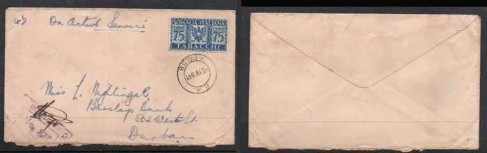 East Africa Army Post Office E.A. APO 58 5 IV 41 cds (Mega, Ethiopia) E.A. MILITARY CENSOR > Durban