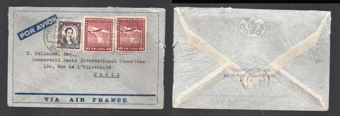 Chile airmail, 2 colour franking, 20 Peso 40, SANTIAGO 7 JUN 34 cds > PARIS